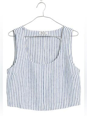 Madewell 100% Linen Scoopneck Sleeveless Cropped top in Bluestone blue stripe 12
